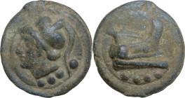 Janus/Prow to right libral series. AE Cast Triens, c. 225-217 BC. Obv. Helmeted head of Minerva left; below, four pellets. Rev. Prow right; below, fou...