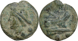 Janus/prow to right libral series. AE Cast Sextans, 225-217 BC. Obv. Head of Mercury left, wearing winged petasus; below, two pellets. Rev. Prow right...