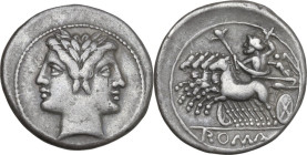 Anonymous. AR Half-quadrigatus (Drachm), uncertain Sicilian mint, 218 BC. Obv. Laureate Janiform head of Dioscuri. Rev. Jupiter in quadriga left, driv...