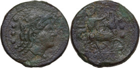 Anomalous Semilibral series. AE Triens, c. 217-215 BC. Obv. Head of Juno right, wearing diadem decorated with crest of helmet; behind, four pellets. R...