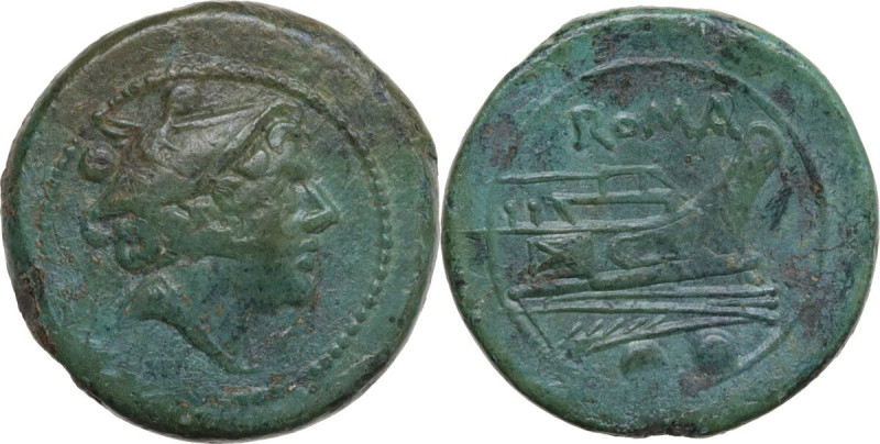 Anonymous post-semilibral series. AE Sextans, 215 BC. Obv. Bust of Mercury right...