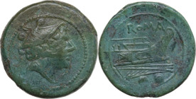 Anonymous post-semilibral series. AE Sextans, 215 BC. Obv. Bust of Mercury right, wearing winged petasos; above, two pellets. Rev. Prow right; above, ...