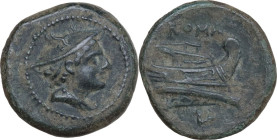 First heavy L series. AE Semuncia, c. 215 BC. Obv. Bust of Mercury right, wearing winged petasus. Rev. Prow right; above, ROMA; below, L. Cr. 43/6; RB...
