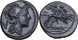 Anonymous. AR Quinarius, uncertain Campanian mint (Castra Claudiana?), c. 215 BC. Obv. Helmeted head of Roma right; behind, V. Rev. The Dioscuri gallo...