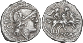 Anonymous. AR Sestertius, uncertain Campanian mint (Castra Claudiana?), 215 BC. Obv. Helmeted head of Roma right; behind, IIS. Rev. The Dioscuri gallo...