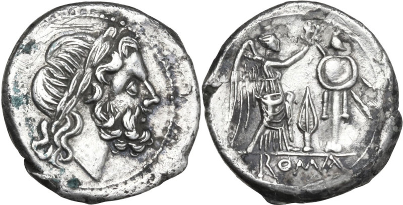 Spearhead series. AR Victoriatus, uncertain Samnite mint (Beneventum?), 214 BC. ...