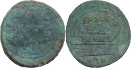 Anonymous post-semilibral series. AE Quadrans, 214 BC. Obv. Head of Hercules right, wearing lion skin; behind, three pellets. Rev. Prow right; above, ...
