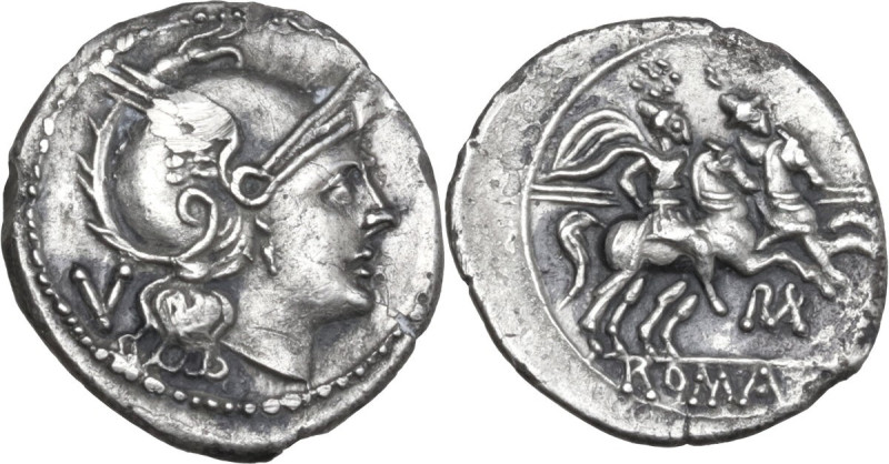 ROMA in monogram series. AR Quinarius, uncertain mint in South East Italy, c. 21...