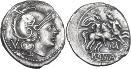 ROMA in monogram series. AR Quinarius, uncertain mint in South East Italy, c. 214 BC. Obv. Helmeted head of Roma right; behind, V. Rev. The Dioscuri g...