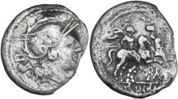 ROMA in monogram series. AR Sestertius, uncertain mint in South East Italy, c. 214 BC. Obv. Helmeted head of Roma right; behind, IIS. Rev. The Dioscur...