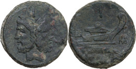 ROMA in monogram series. AE As, uncertain mint in South East Italy, c. 214 BC. Obv. Laureate head of Janus; above, I. Rev. Prow right; below, RO[MA]; ...