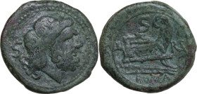ROMA in monogram series. AE Semis, uncertain mint in South East Italy, c. 214 BC. Obv. Laureate head of Saturn right; behind, S. Rev. Prow right; abov...