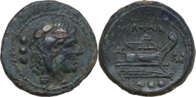 ROMA in monogram series. AE Quadrans, uncertain mint in South East Italy, c. 214 BC. Obv. Head of Hercules right, wearing lion's skin; behind, three p...