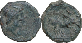 LT series. AE Semuncia, Luceria mint, 214 BC. Obv. Jugate head of Dioscuri right, wearing pilei bound with laurel wreath; [behind, T]. Rev. Two horses...