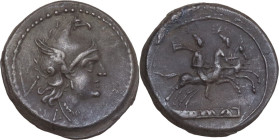 L first series. AR Quinarius, Casta Valeriana, 214 BC. Obv. Helmeted head of Roma right (Phrygian helmet); behind, V; below, archaic L. Rev. The Diosc...