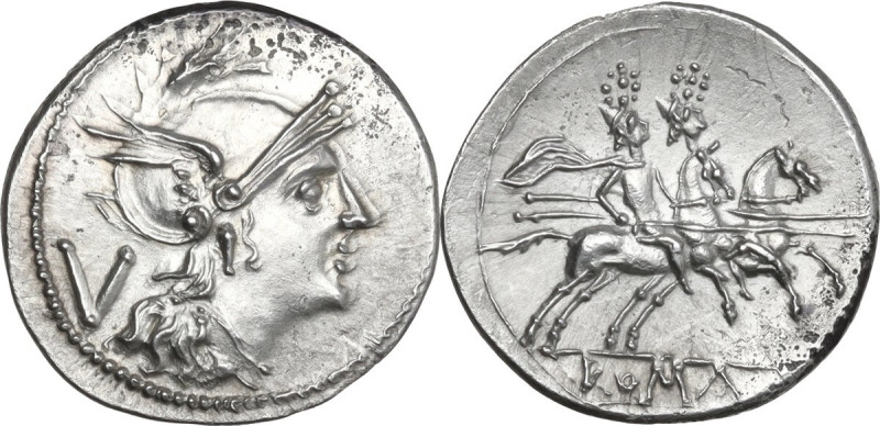 Anonymous. AR Quinarius, uncertain Sicilian mint (Catana?), 214 BC. Obv. Helmete...
