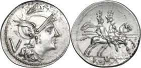 Anonymous. AR Quinarius, uncertain Sicilian mint (Catana?), 214 BC. Obv. Helmeted head of Roma right; behind, V. Rev. The Dioscuri galloping right; in...