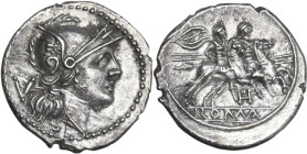 H first series. AR Quinarius, uncertain Picenian mint (Hatria?), 214 BC. Obv. Helmeted head of Roma right, with large visor; behind, V. Rev. The Diosc...