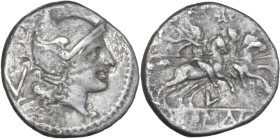L second series. AR Quinarius, Luceria, 213 BC. Obv. Head of Roma right, wearing winged Phrygian helmet; behind, V. Rev. The Dioscuri galloping right;...
