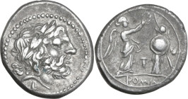 LT second series. AR Victoriatus, Luceria 213 BC. Obv. Laureate head of Jupiter right; below, archaic L. Rev. Victory standing right, crowning trophy ...