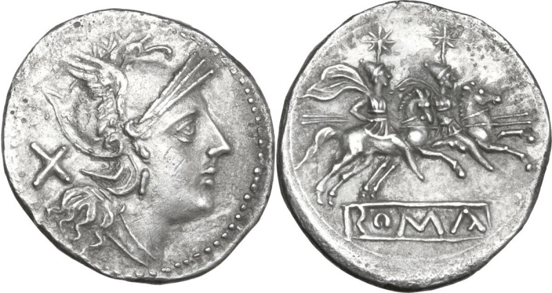 Anonymous. AR Denarius, uncertain Sicilian mint (Catania?), 213 BC. Obv. Helmete...