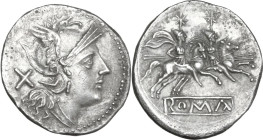 Anonymous. AR Denarius, uncertain Sicilian mint (Catania?), 213 BC. Obv. Helmeted head of Roma right, with only one marked griffin's tuft; behind, X. ...