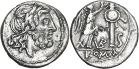 VB series. AR Half-Victoriatus, uncertain Samnite mint (Beneventum ?), 212 BC. Obv. Laureate head of Jupiter right. Rev. Victory standing right, crown...