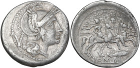 Corn-ear second series. AR Quinarius, Uncertain Sicilian mint, Marcellus' campaign (Syracuse ?), 212 BC. Obv. Head of Roma right, helmeted. Rev. Diosc...
