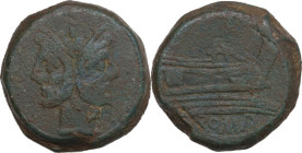 Anonymous sextantal series. AE As, uncertain Campanian mint (Puteoli?), 212 BC. Obv. Laureate head of Janus; above, I. Rev. Prow of galley right; abov...