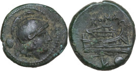 L Sextantal and lighter series. AE Uncia, Luceria mint, from 211 BC. Obv. Helmeted head of Roma right; behind, pellet. Rev. ROMA. Prow right; below, L...
