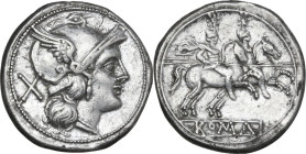 Anonymous Anchor. AR Denarius, uncertain Campanian mint, 211 BC. Obv. Helmeted head of Roma right; behind, X. Rev. The Dioscuri galloping right; below...