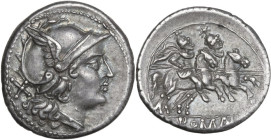 Anonymous Dolphin series. AR Denarius, uncertain Apulian mint (Cales?), 211 BC. Obv. Helmeted head of Roma right, hair with two layers of curls; behin...