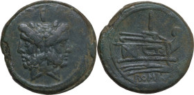 Anonymous sextantal series. AE As, uncertain Campanian mint (Cales?), 211 BC. Obv. Laureate head of Janus; above, I. Rev. Prow of galley right; above,...