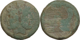 Anchor and Q series. AE As, uncertain mint in South East Italy, c. 211-210 BC. Obv. Laureate head of Janus; above, I. Rev. Prow of galley right; above...