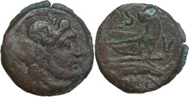 V lighter series. AE Semis, uncertain mint in South East Italy, from 210 BC. Obv. Laureate head of Saturn right; behind, S. Rev. Prow right; above, S ...