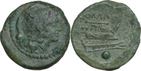 Staff and club series. AE Uncia. Mint in Etruria(?) or Spain, c. 208 BC. Obv. Helmeted head of Roma right; behind, pellet. Rev. ROMA. Prow right; abov...