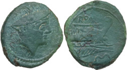 Staff and club series. AE Semuncia. Mint in Etruria(?) or Spain, c. 208 BC. Obv. Head of Mercury right, wearing winged petasus. Rev. ROMA. Prow right;...