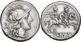 Anonymous. AR Denarius, uncertain Campanian mint (Capua?), 206 BC. Obv. Helmeted head of Roma right, with pronounced visor; behind, X. Rev. The Dioscu...