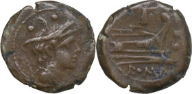 Meta series. AE Sextans, 206-195 BC. Obv. Bust of Mercury right; above, two pellets. Rev. Prow right; above, meta; before, two pellets and below, ROMA...