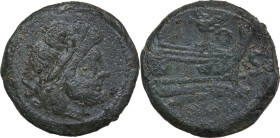 Bird and TOD series. AE Semis, uncertain mint (Rome or Spanish). Obv. Laureate head of Saturn right; behind, S. Rev. Prow right; above, T with bird wi...