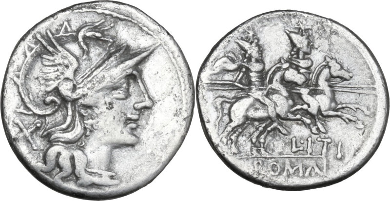 L. Iteius. AR Denarius, 149 BC. Obv. Helmeted head of Roma right; behind, X. Rev...