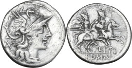 L. Iteius. AR Denarius, 149 BC. Obv. Helmeted head of Roma right; behind, X. Rev. The Dioscuri galloping right; below, L·ITI; in exergue or in linear ...