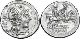 Q. Marcius Libo. AR Denarius, 148 BC. Obv. Helmeted head of Roma right; behind, LIBO; below chin, X. Rev. The Dioscuri galloping right; below, Q·MARC ...