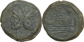 'Mast and sail' series. As, ca 155-149. Obv. Laureate head of Janus; above, I. Rev. Prow right; above mast and sail, before mark of value. Below, ROMA...