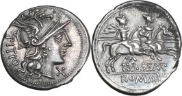 L. Sempronius Pitio. AR Denarius, 148 BC. Obv. Helmeted head of Roma right; behind, PITIO; below chin, X. Rev. The Dioscuri galloping right; below, L·...