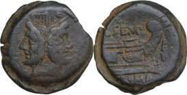 L. Sempronius Pitio. AE As, 148 BC. Obv. Laureate head of Janus; above, mark of value I between PI-TIO. Rev. L. SEMP. Prow right; before, mark of valu...