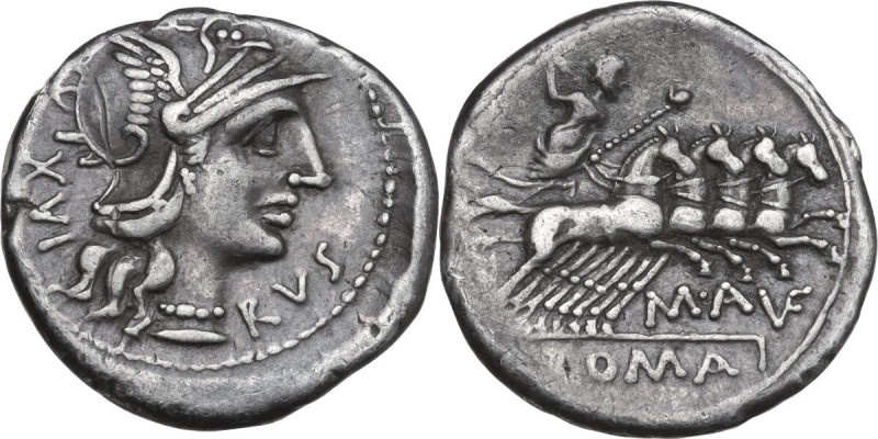 M. Aufidius Rusticus. AR Denarius, 140 BC. Obv. Helmeted head of Roma right; beh...