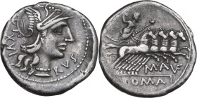 M. Aufidius Rusticus. AR Denarius, 140 BC. Obv. Helmeted head of Roma right; behind, XVI downwards; below chin, RVS. Rev. Jupiter in quadriga right; b...