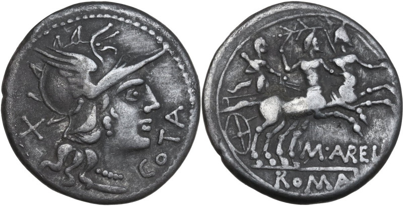 M. Aurelius Cotta. AR Denarius, 139 BC. Obv. Helmeted head of Roma right, wearin...