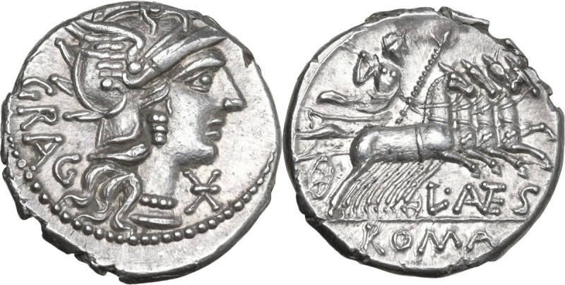 L. Antestius Gragulus. AR Denarius, 136 BC. Obv. Helmeted head of Roma right; be...
